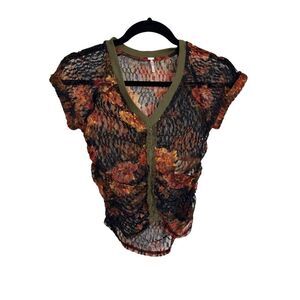 Free People Top Womens Sz XS Multicolor Crop Top Solana Floral Lace V-Neck BOHO